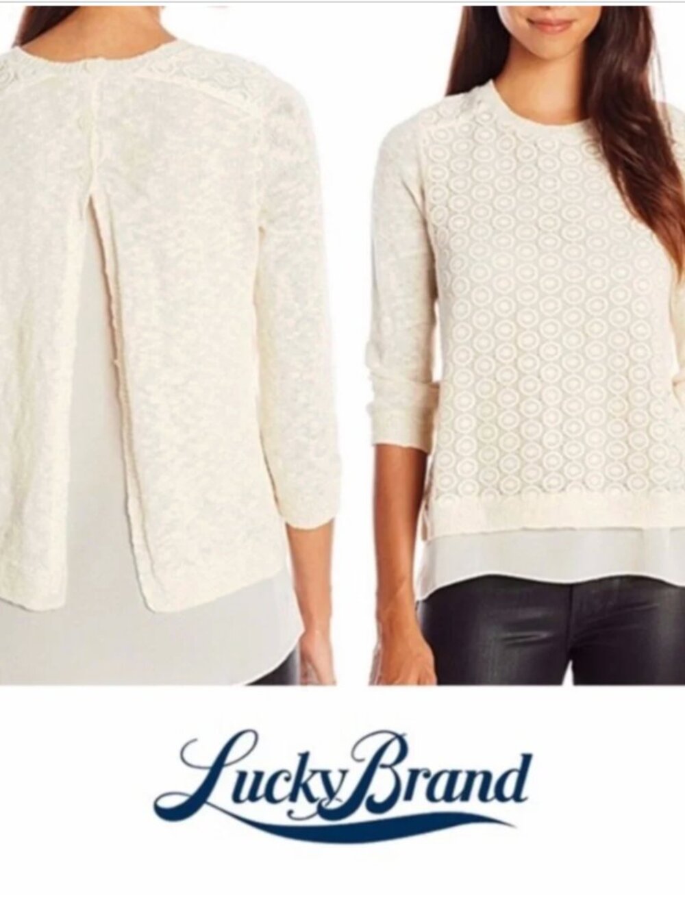 Lucky Brand Off-White Open Knit Layered Split Back Sweater Size XS